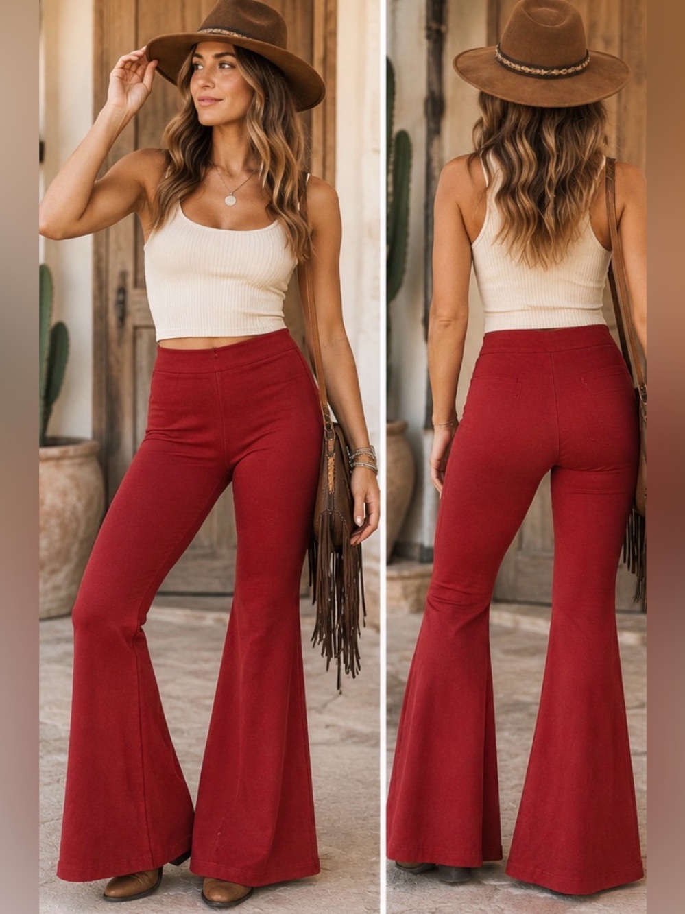 Vintage High-Rise dramatic Flared Pants in Deep Brick Red Y2K